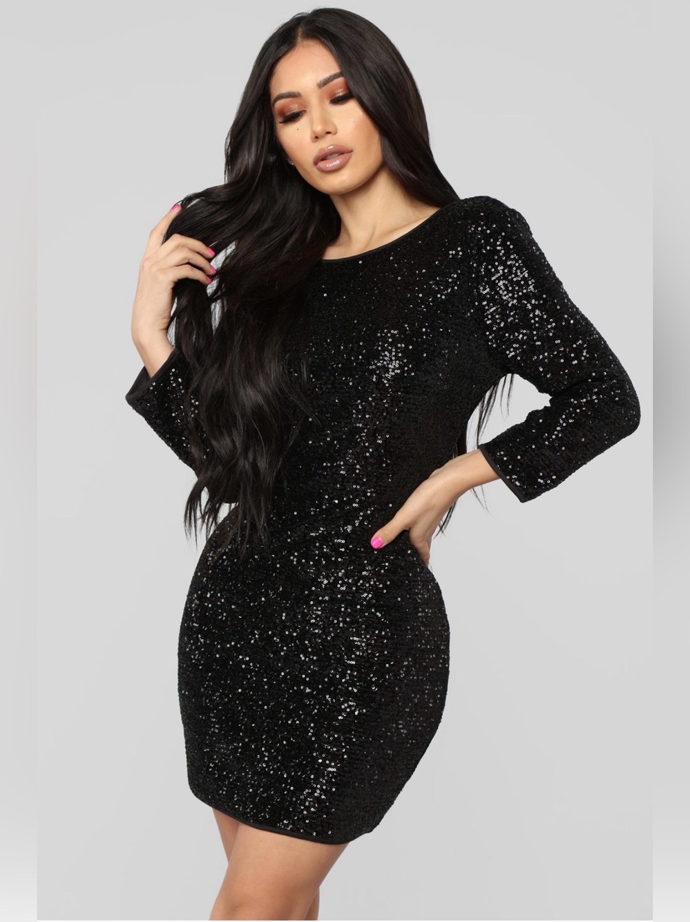Fashion Nova Black Sequin Backless Mini Dress Gold Zipper Clubwear LBD Sz L